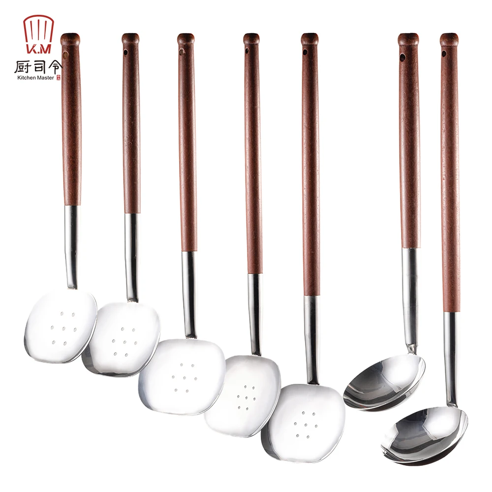 Restaurant Cooking Utensils Sets Stainless Steel Spatula Soup Ladle Spoon with Wooden Handle Big Size for Hotel Kitchen Utensil