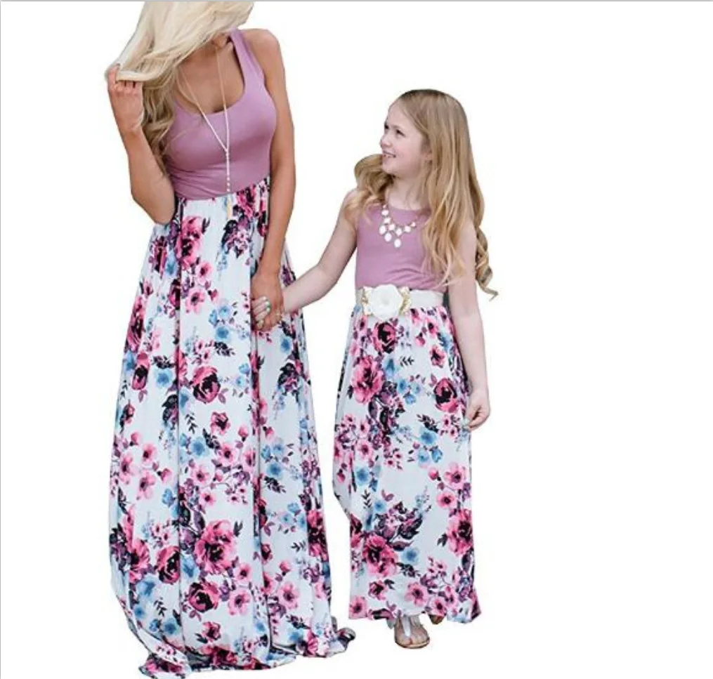 Sleeveless Solid Color Floral Printed Long Skirt Mommy And Me Outfits Family Matching Outfits Dress