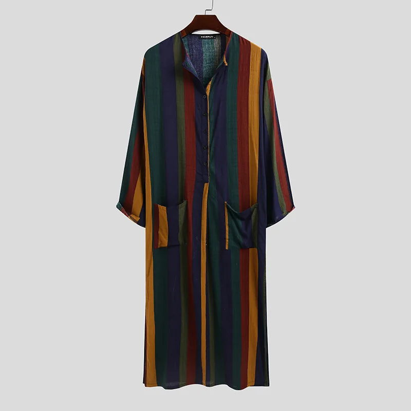 Arab Long Sleeve Islamic Clothing Men Muslim Thobe Thawb Trendy Striped Ramadan Costumes Arabia Abaya Male Kaftan Robe