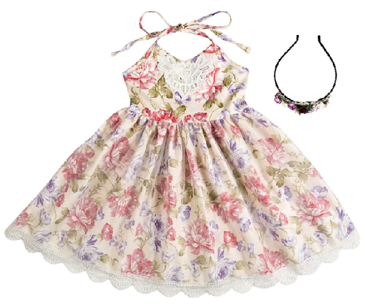 Fashion Dress Kids Party Dress Baby Girl Cotton American Style Dress Children Mini Lace Sleeveless Floral Support Rand Roll Neck