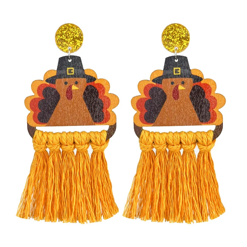 Thanksgiving Day Autumn Hand Woven Tassel Earrings Creative Turkey Pumpkin Maple Leaf Print Wooden Party Earrings For Women