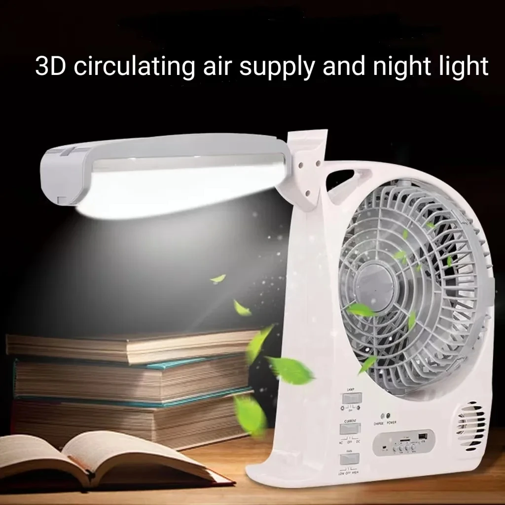 8 Inch rechargeable fan Solar Electric fan portable solar panel power FM radio speaker with LED study table lamp