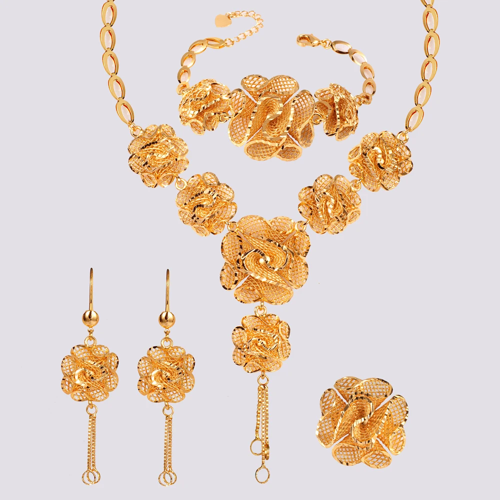 Custom Dubai Champagne Party 18K gold necklace stud bracelet bridal wedding fashion jewelry set