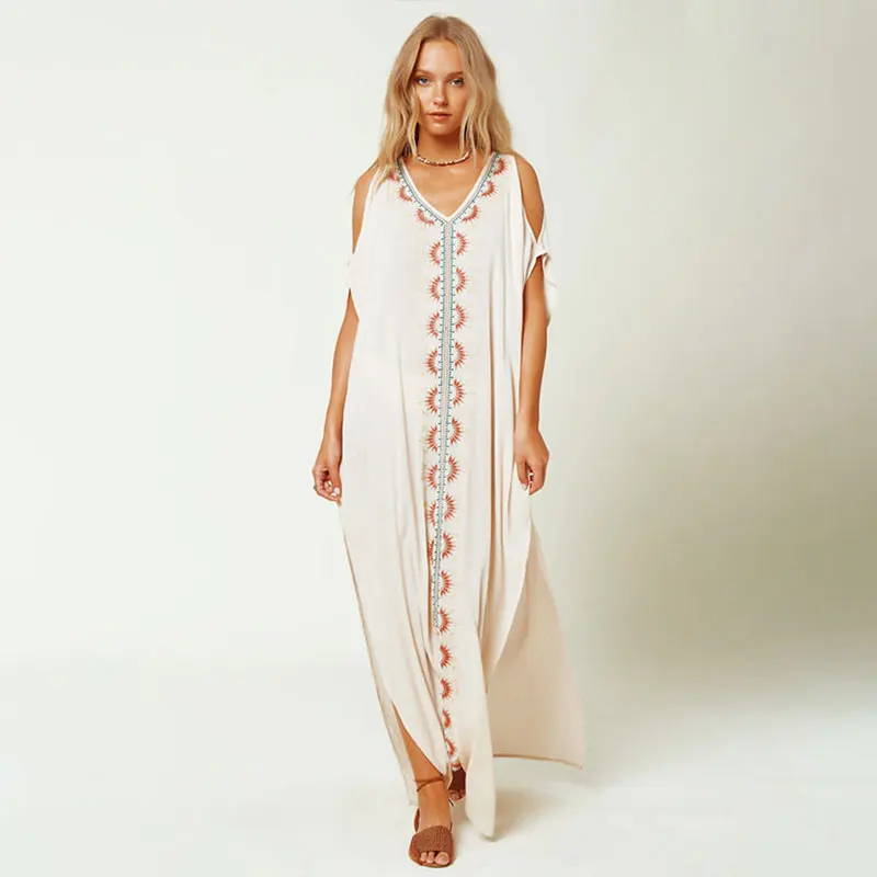 Summer Clothes Women Beach Loose Maxi Dresses, Sexy Cold Shoulder Maxi Dress Long White Embroidered Plus Size Kaftan