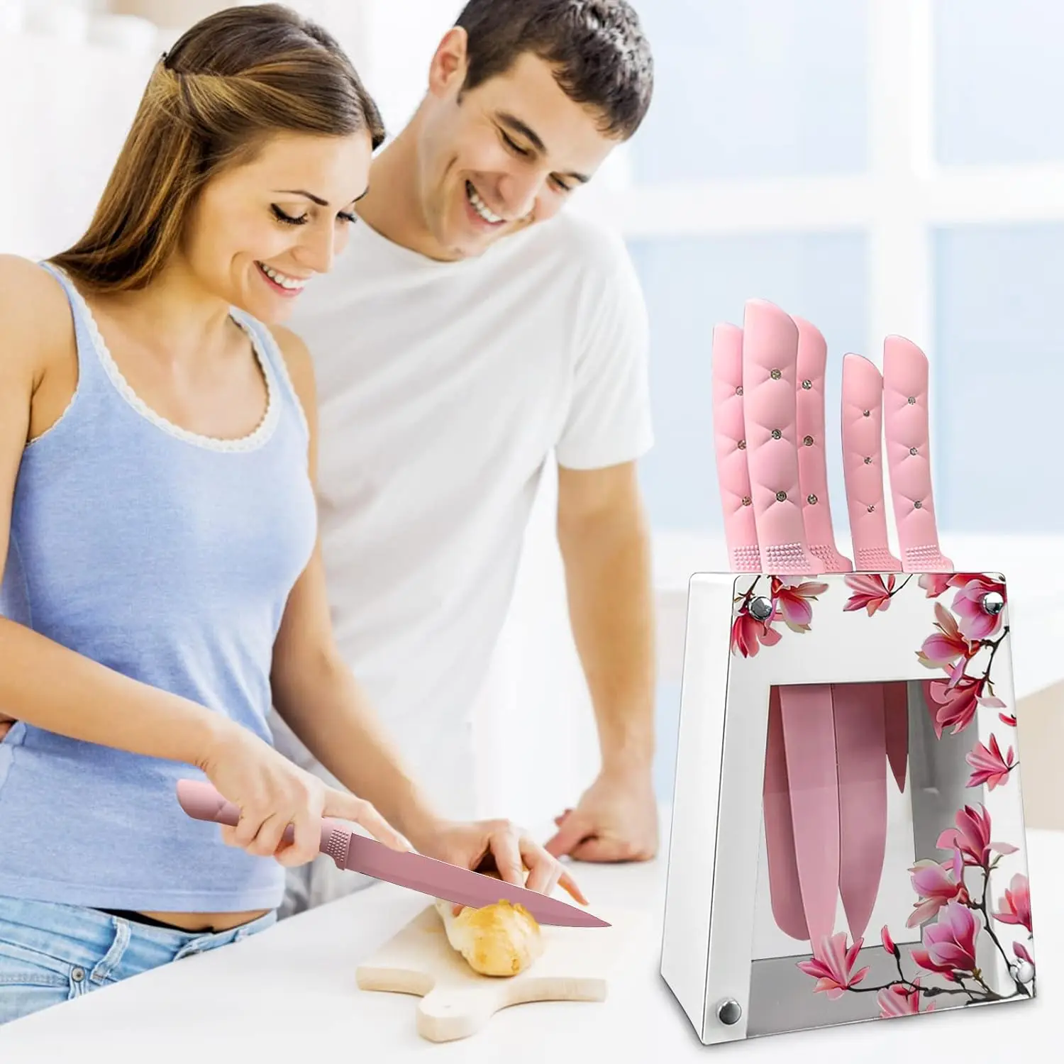 Kitchen Knife Set Pink Flower 6PC Stainless Steel Sharp Chef Cooking Non-slip Knife Set with Acrylic Stand & Block, Non-stick