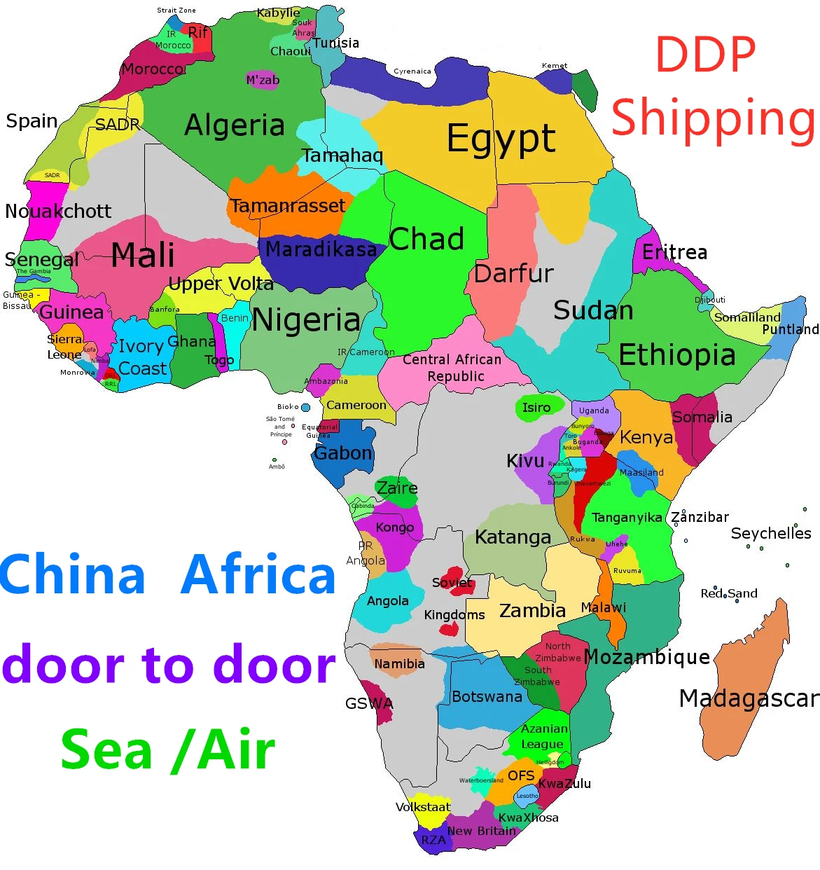 TO DOOR DDP Shipping Agent to Africa Togo Nigeria Guinea Ghana Kenya Namibia Zambia Botswana Zimbabwe Cameroon Angola Liberia