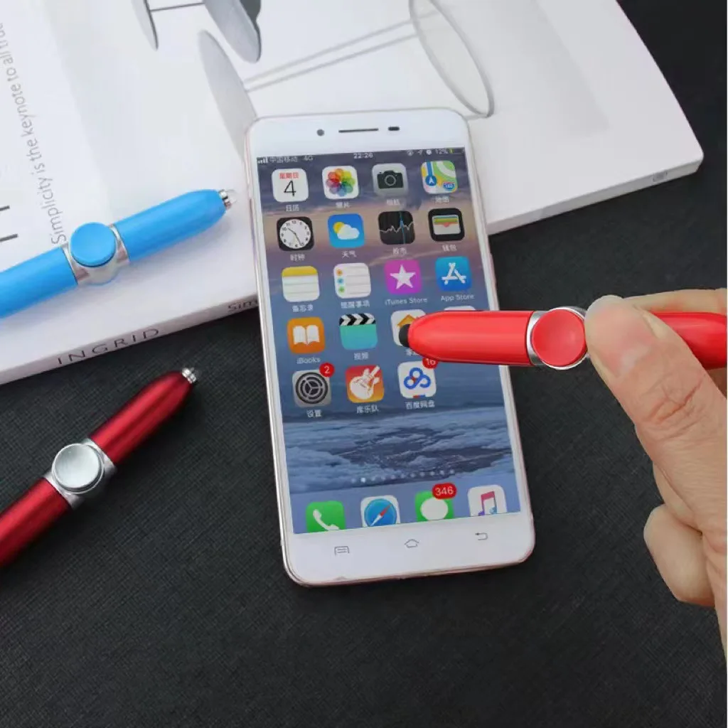 Creative mini plastic finger fidget spinner pen flash light stylus touch ballpoint pen multifunction decompression pen