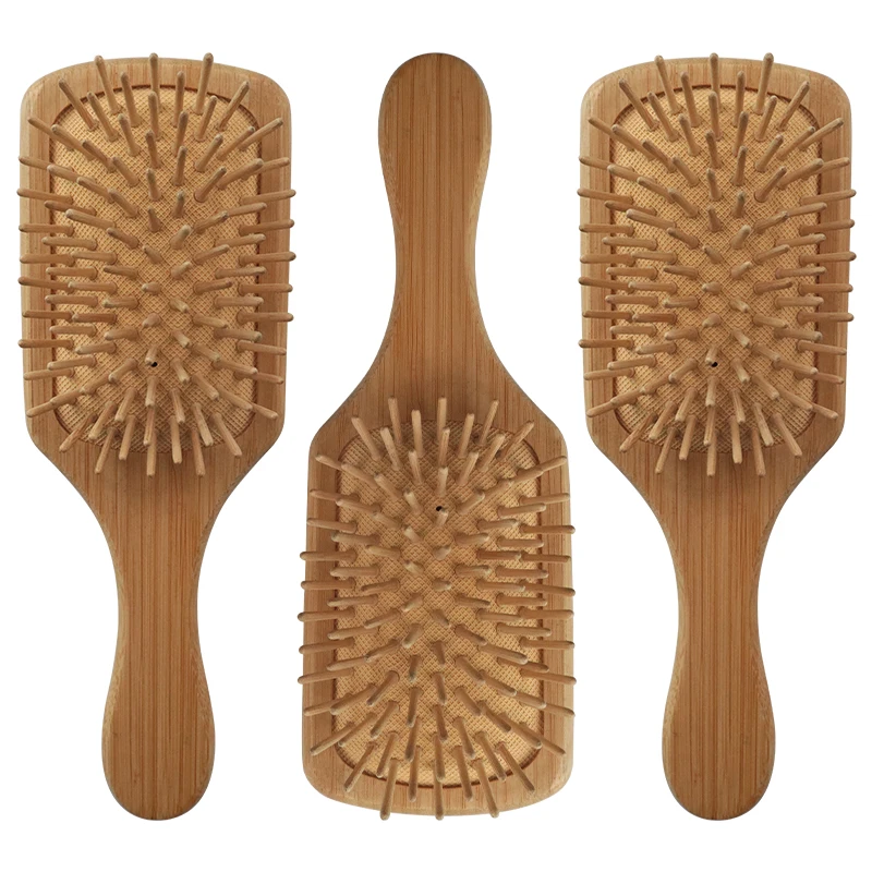 Amazon Hot Eco-friendly bamboo wood detangler hair brush Private label natural rubber cushion paddle wooden hair comb for Salon