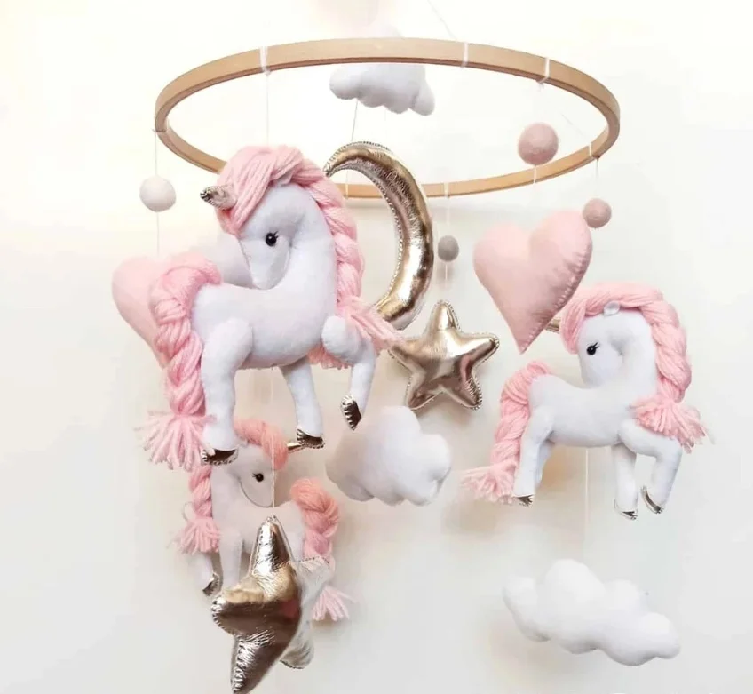 Unicorn baby mobile Girl nursery mobile Silver star mobile Wool mobile