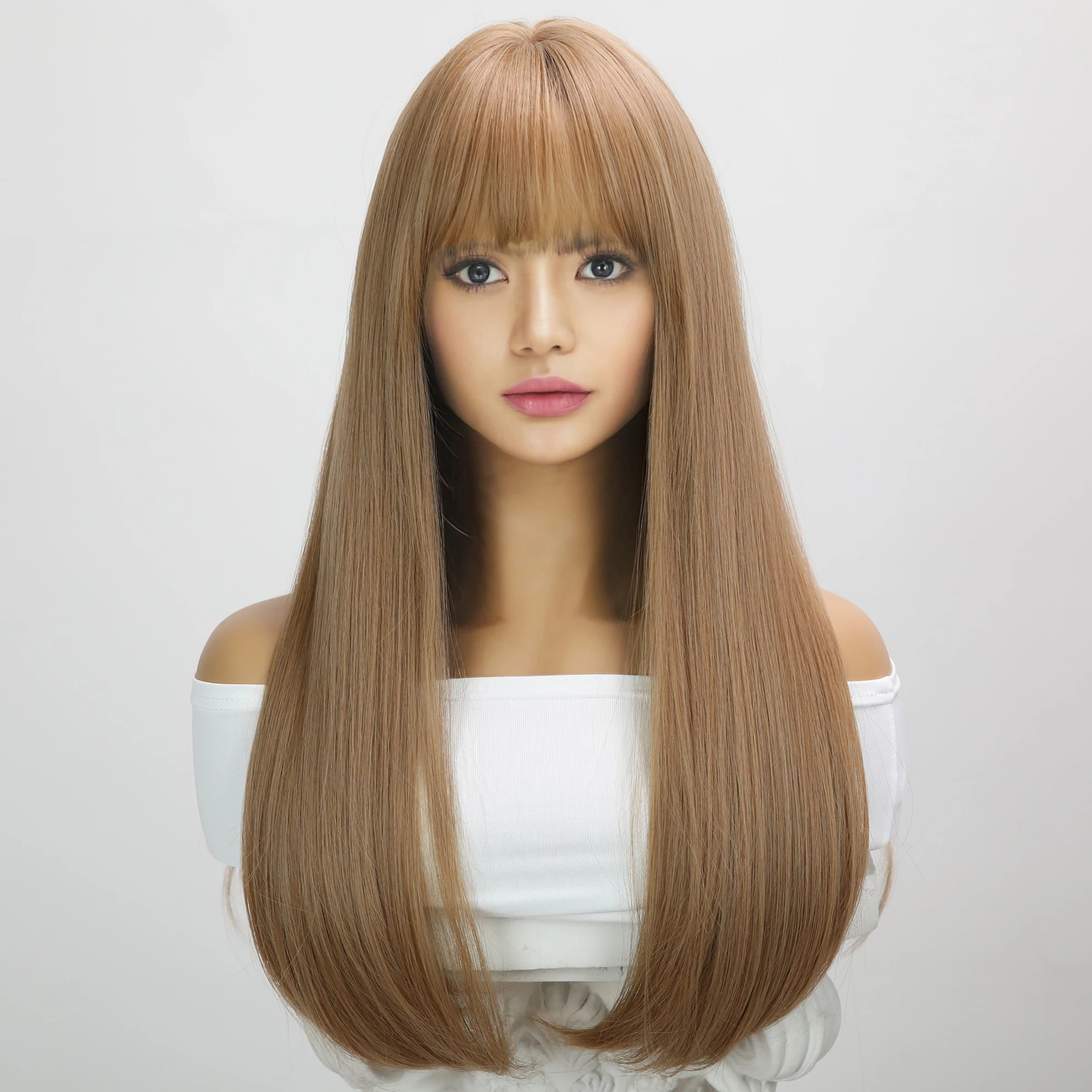 2024 Popular fashion wigs afro wig with full bangs brown long straight high-temperature silk hair synthetic wigs