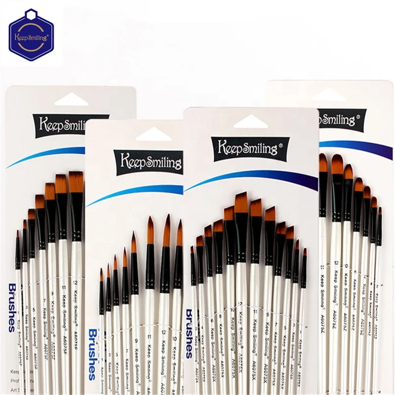 Keep Smiling 12pcs Wooden Handle Nylon Hair Art Paint Watercolor Acrylic Paint Oil Painting Artist Brush
