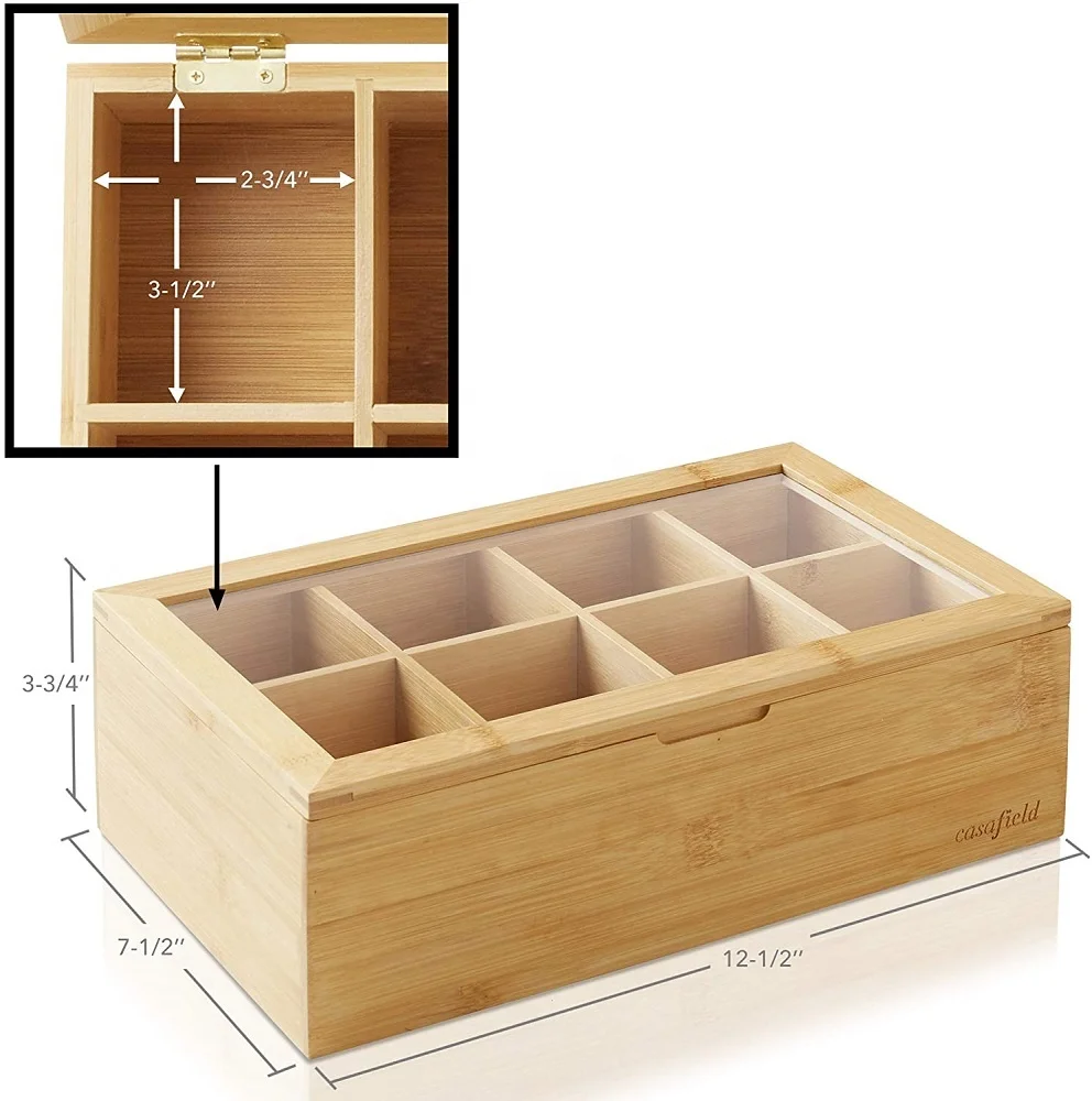 Premium Bamboo Office Organizer Box with 8 Equally Dividers for Tea Bag Storage Organization Multifunction Jewelry Box