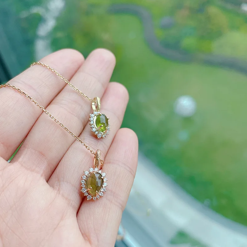 Sun Forest Green Peridot 925 Silver 14K Gold Plated Pave Pendant Necklaces For Women