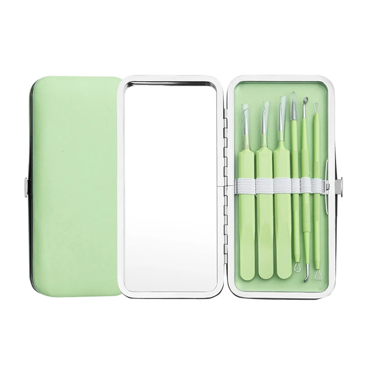 High quality fashion 6 PCS pimple popper tool kit acne needle blackhead tweezers set with mirror box