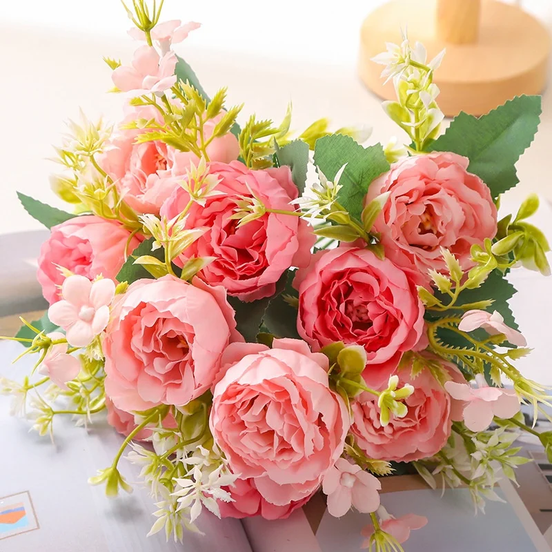 Vintage 5 Heads Real Touch Artificial Flower Rose Hydrangea Green Stem Silk Peony Bouquet for Valentine Wedding Party Decoration