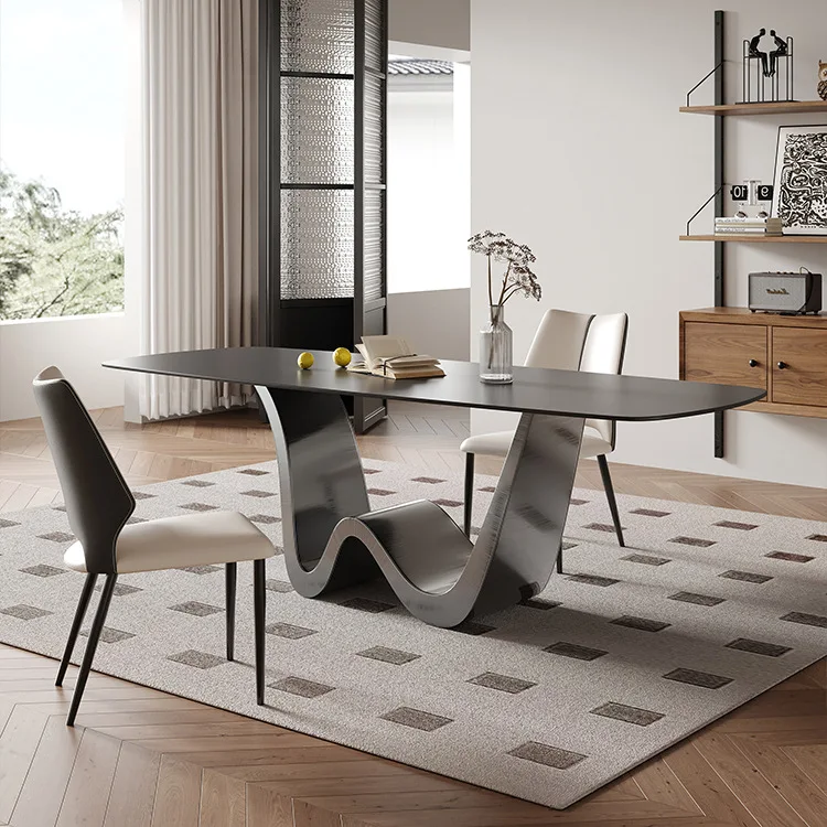 Luxury L Shape Dining Table Modern Home Villa Dinner Stone Plate Stainless Steel Feet Rectangular Set