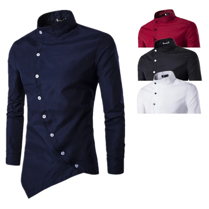 Wholesale Men New Arrival Court Style Oblique Placket Design Shirt Long Sleeve Stand Collar Button Solid Color Casual Shirt