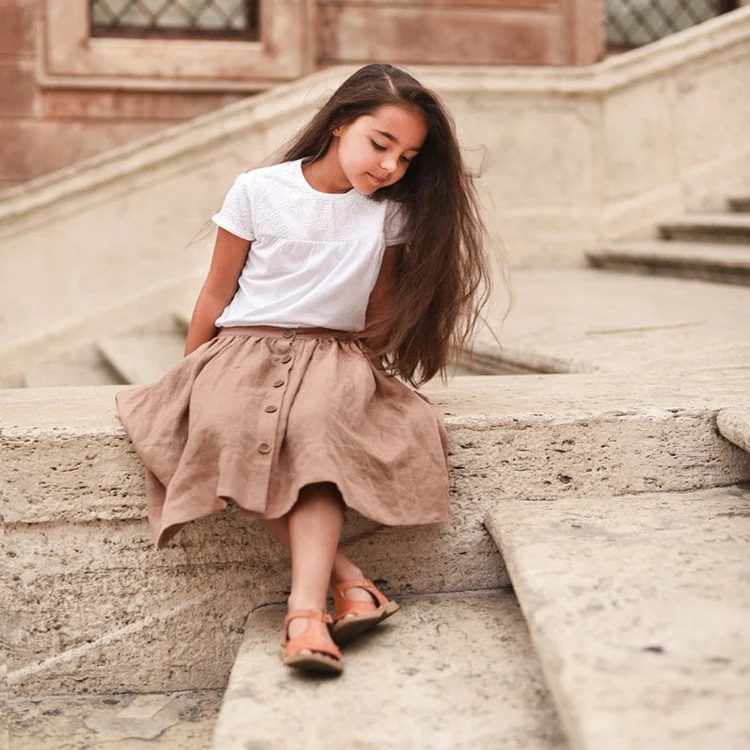 2019 Cloth for Kids Baby Girls Skirt 100% Linen Button Fly Vintage Style Back to School