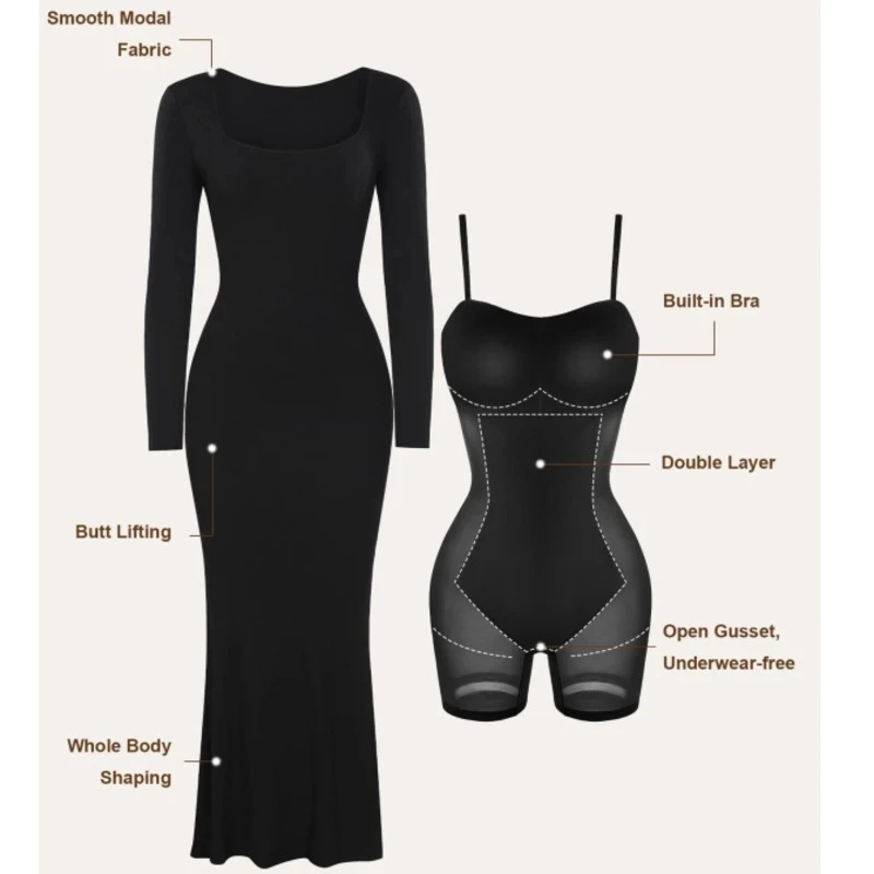 6385 Double Layer Body Shaping Bodycon for Women with Pad Built in Body Shaping Underwear 8 in 1 Long Sleeved Boho Maxi Dresses