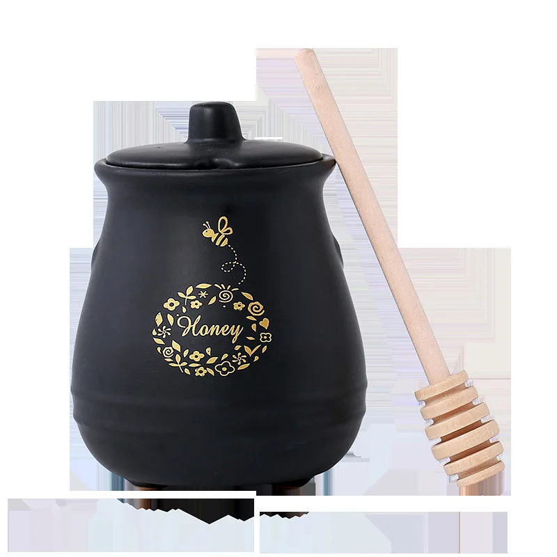 360ml Ceramic Honey Jar with Wooden Dipper & Large Bee Decoration Farmhouse Kitchen Accessory for Food Use