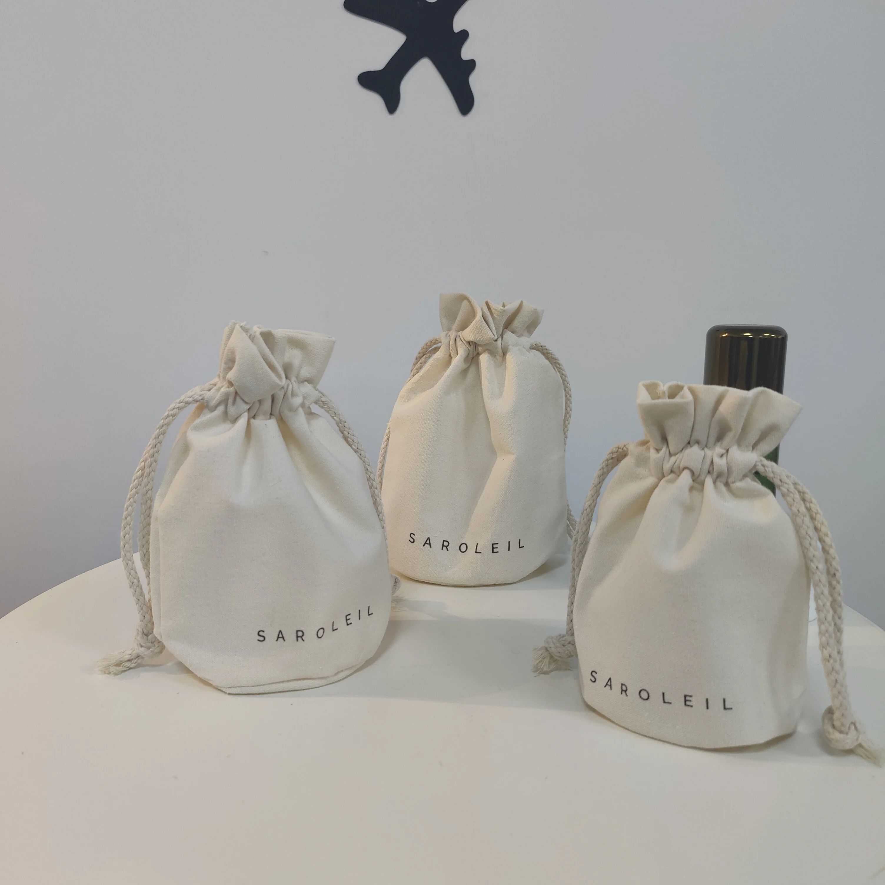 Eco friendly Custom Logo Gift Round Bottom Canvas Cotton Double String Candle Drawstring Pouch Bag