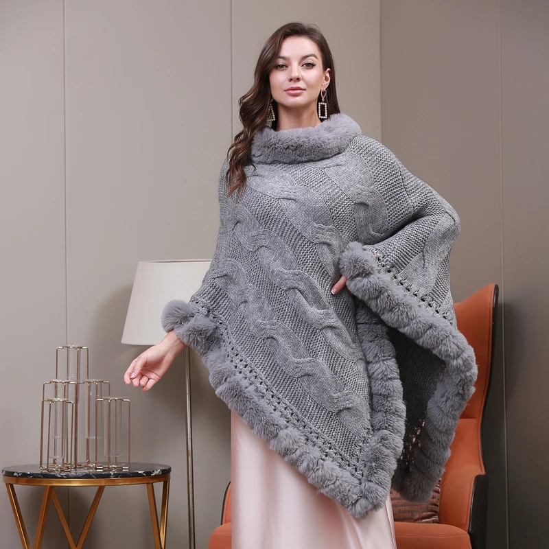 Women Winter Wear Knitted Cloak-style Fur Collar Cape Coat Temperament Women Elegant Furry Fashion Crochet Poncho Shawl With Fur