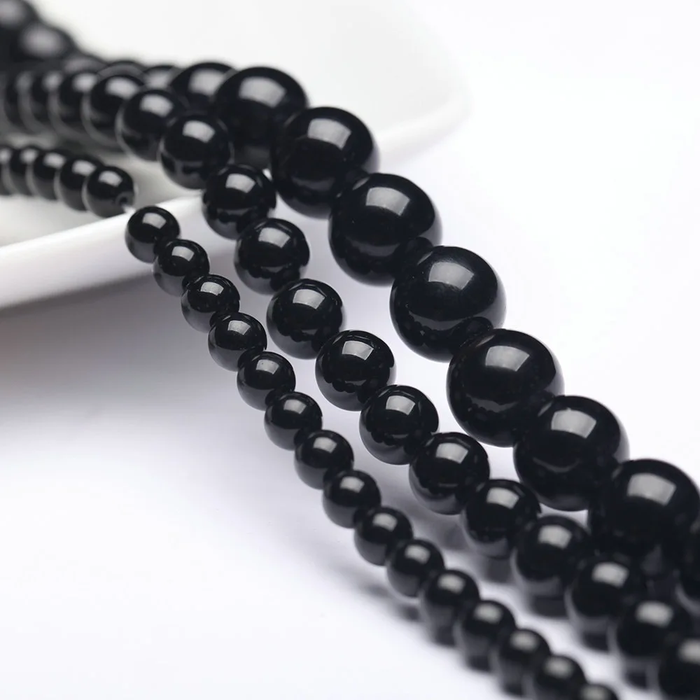 Natural Gemstone Beads Round Smooth Loose Beads Black Onyx Crystal Quartz Jewelry Making Sample Order