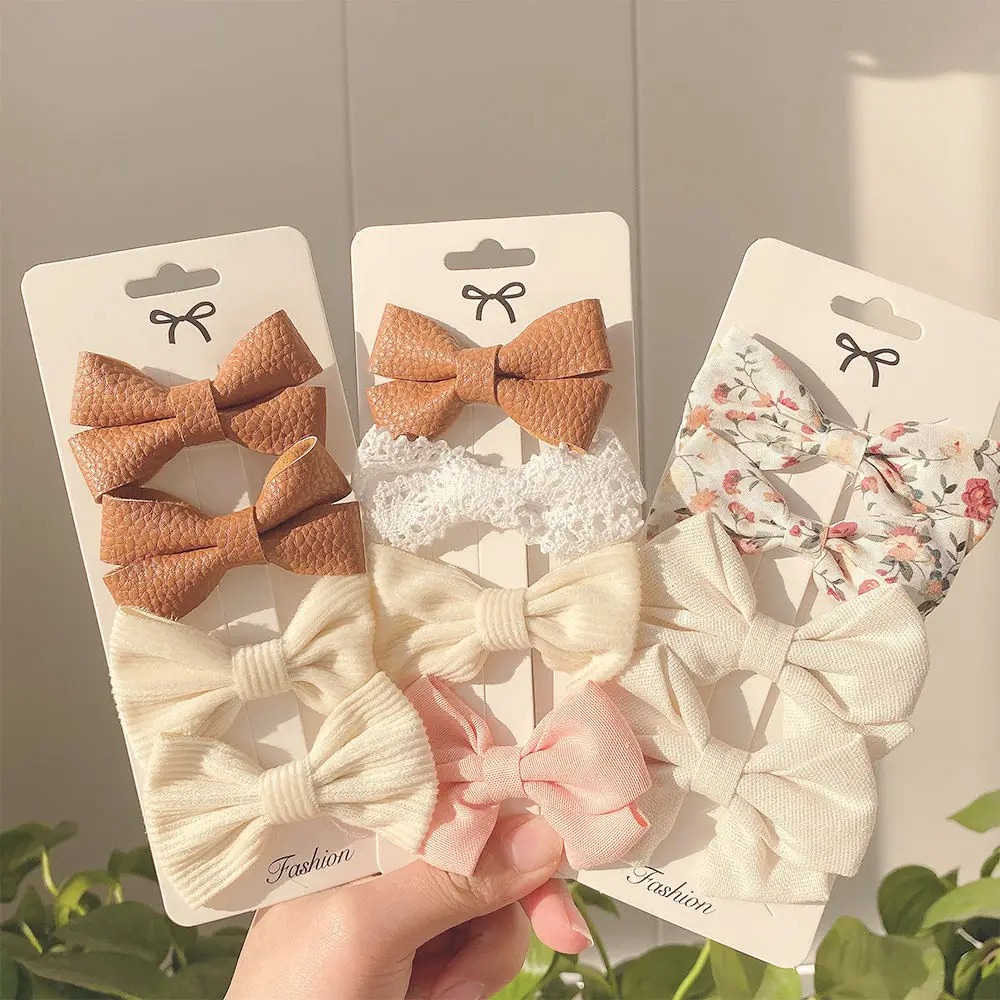 Korean Children Small Fresh Floral Bowknot Hairpin Large Plaid Floral Solid Color Bow Hair Clip Set