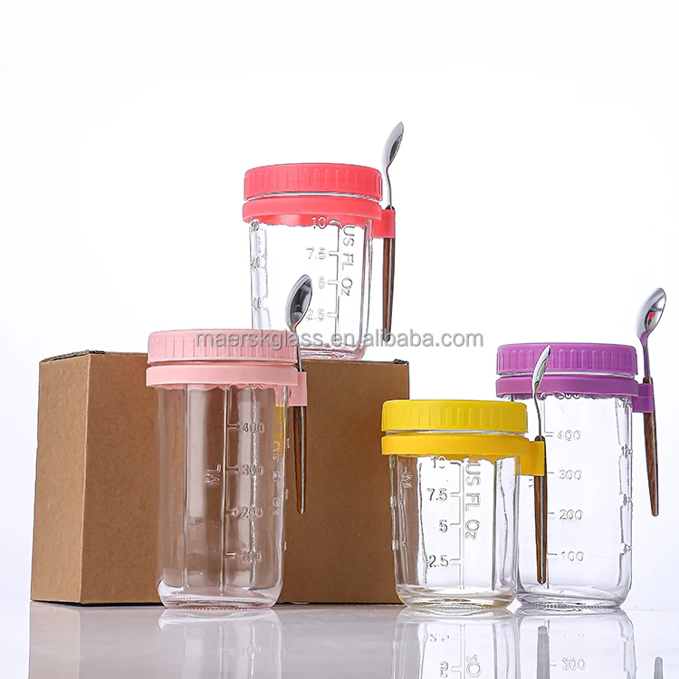 Factory Wholesale 4pc 12oz Glass Overnight Oats Jars With Lid And Spoon For Overnight Oatmeal Fruit Salad Camping Kitchen Use