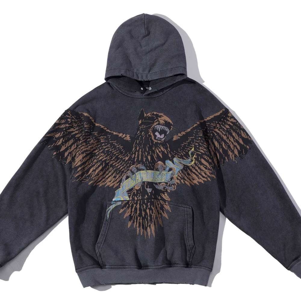 Represent Autumn Winter Eagle Dog Print Logo Hardware Buckle Cotton Washed Distressed Destruction Hoodie Sweater Top