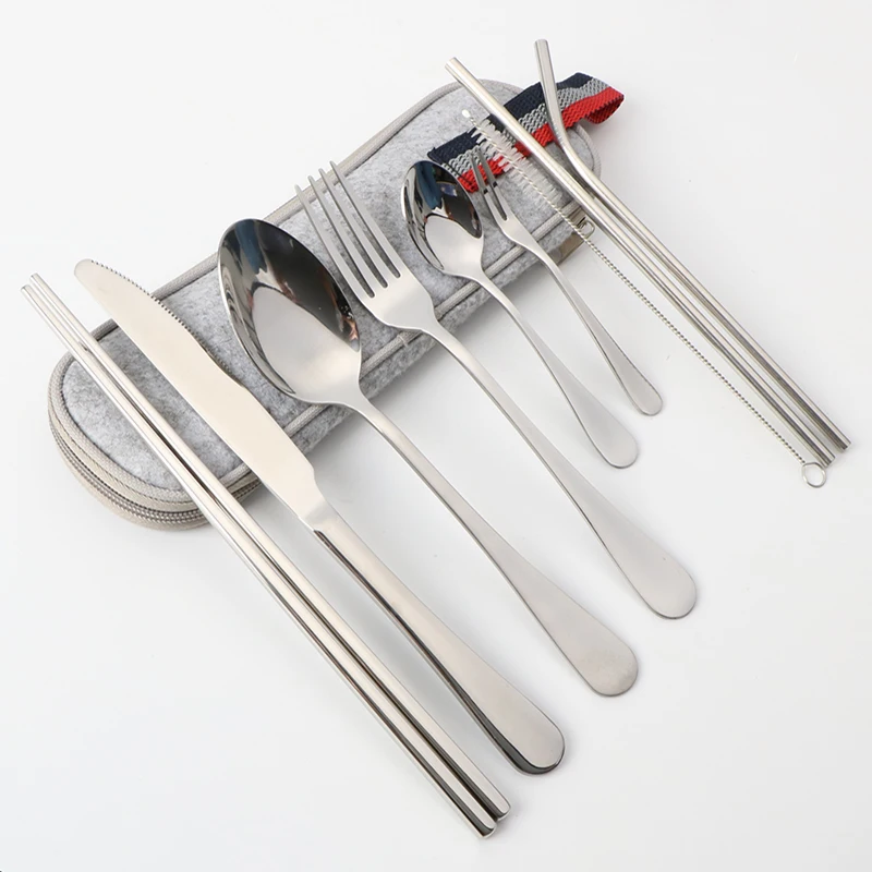 9pcs Chopstick Utensil Set Fork Knife Spoon Straw Reusable Stainless Steel Cutlery Set with travel bag