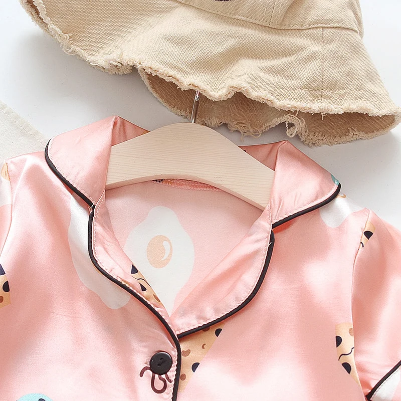 Sleepwear korean style print short sleeve summer satin 2 piece kid pajamas shorts sets