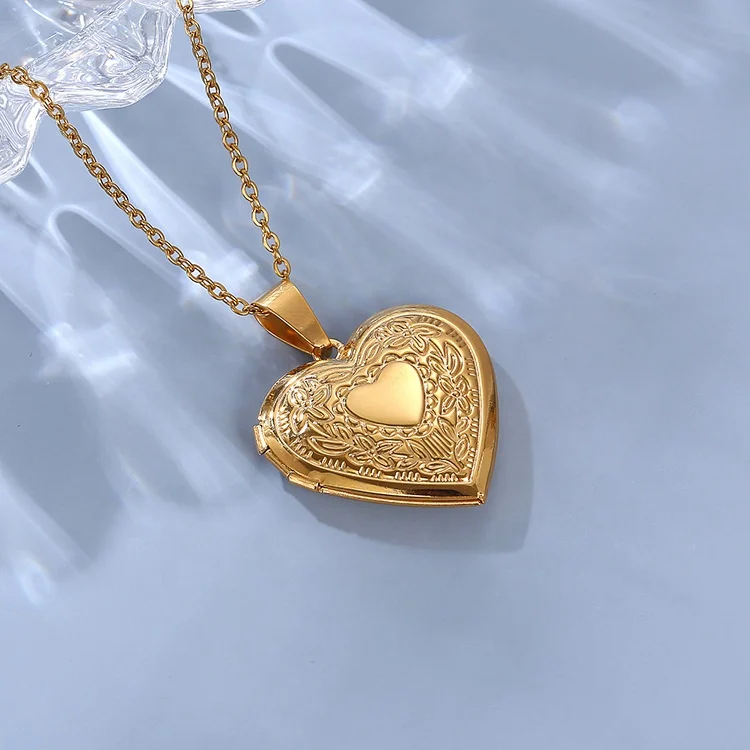 18K Gold Plated Stainless Steel Open Blank Heart Lock Photo Picture Memory Frame Pendant Necklace for Lover Family Gifts