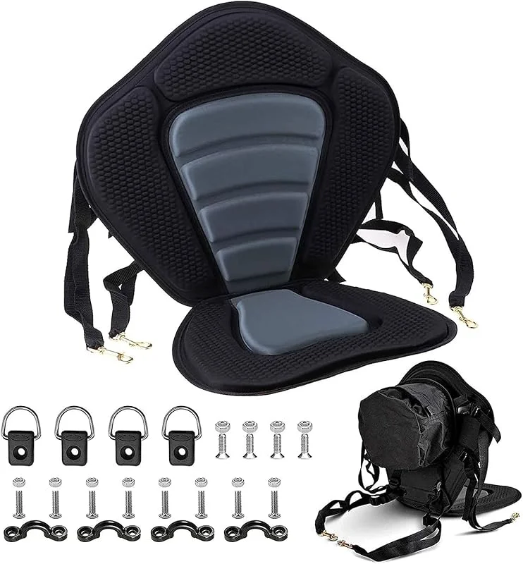 Deluxe Kayak Fishing Boat Canoe Universal Seat Cushion with Comfortable Backrest Adjustable Back Strap Detachable Storage Bag