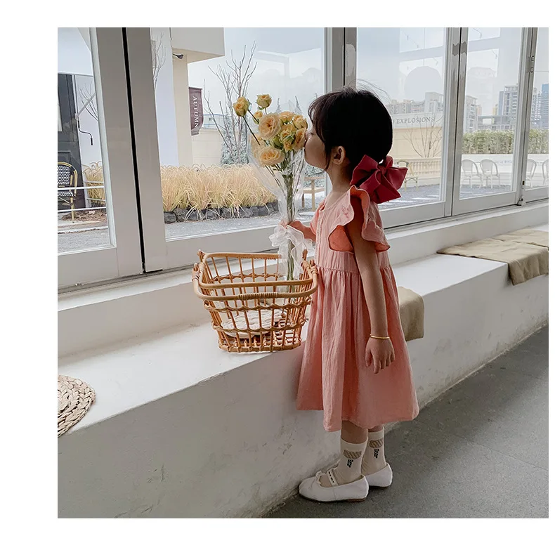 New Summer Korean Cute Toddler Girls Ruffle Sweet Floral Embroidered Dresses Fort Children Kids Sleeveless Cotton Princess Dress