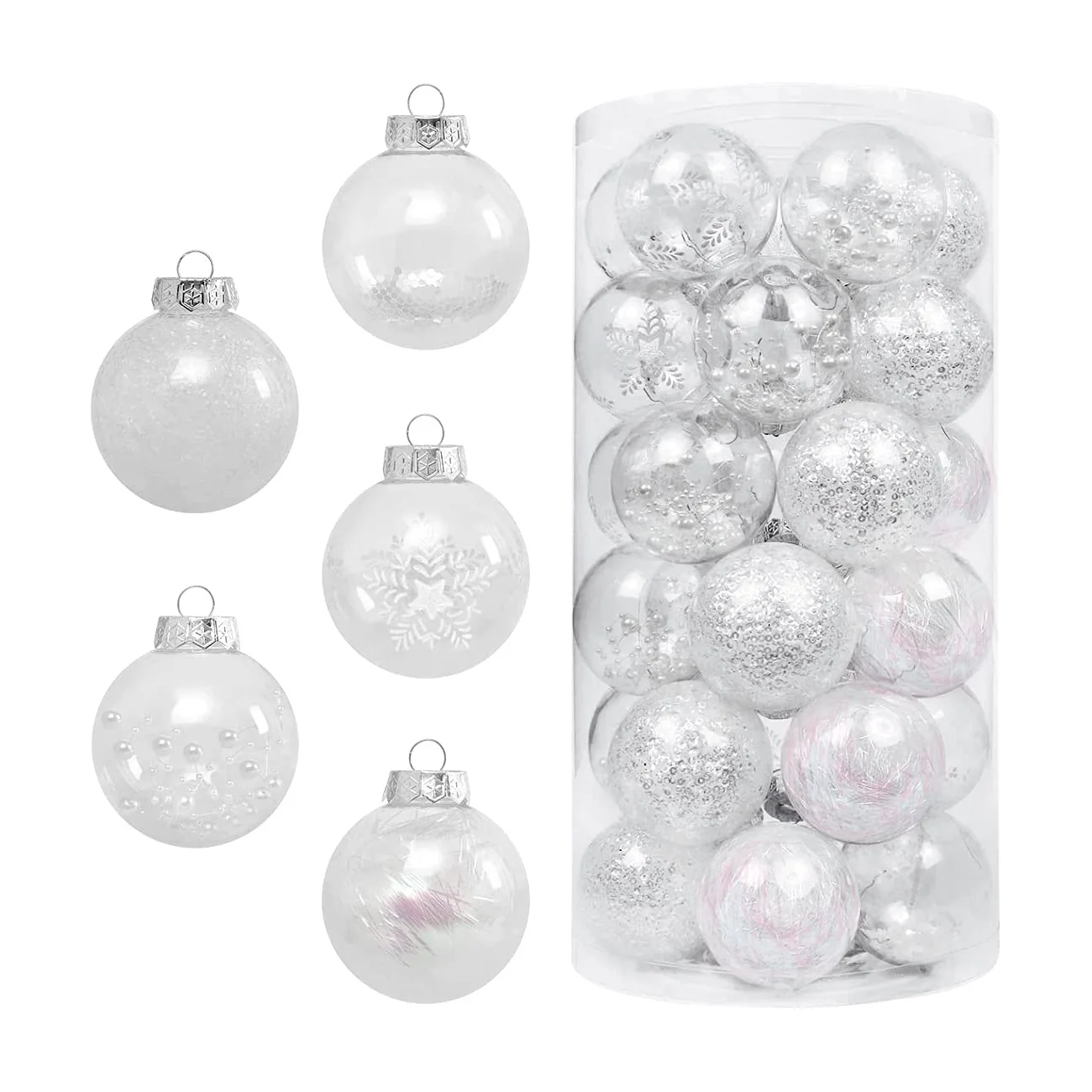 White Printed 6cm PET Transparent Ball Plastic Christmas Ball Decorative Hanging Balls Set Of 25pcs/box