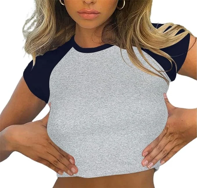 Screen Print Raglan Cotton Baby Tee Color Block Tight Rib Knit Cropped TShirt Custom Wholesale Slim Crop Tops T Shirt For Women