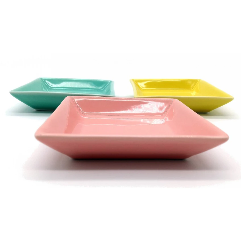 hot sale custom logo printed ceramic ring trinket dish Colorful Square jewelry tray with golden edge
