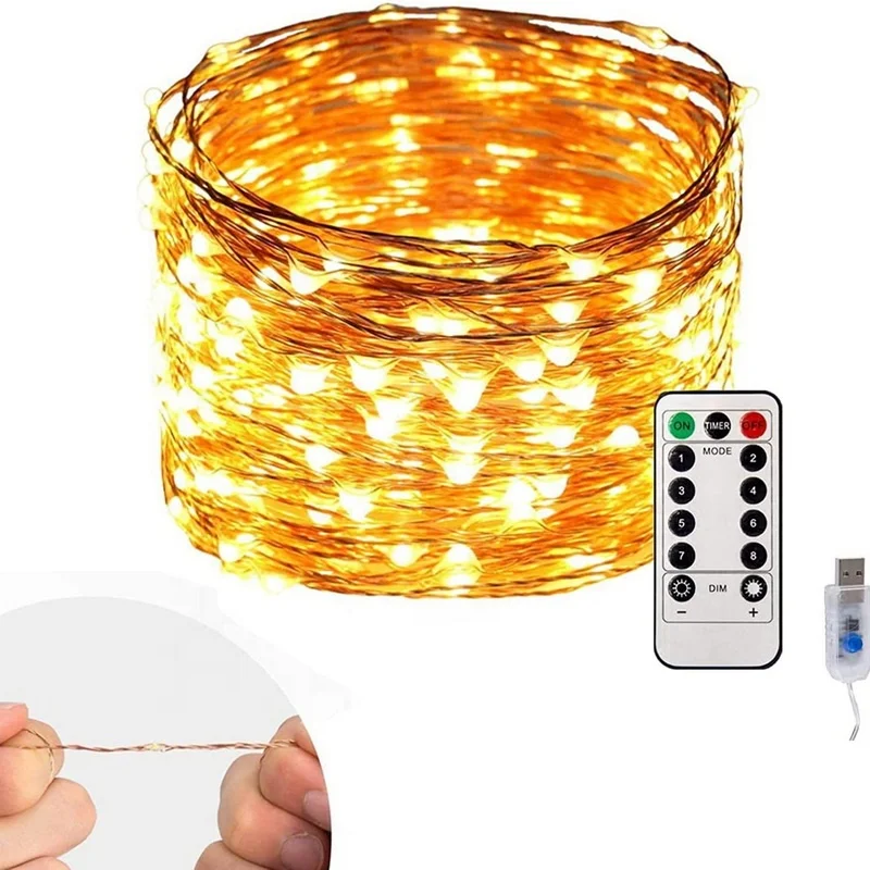 10M 100 Led 8 Modes USB Copper Wire Lamp Holiday String Lights Remote Control Led Silver Wire Warm White Decorative 5m 50 led