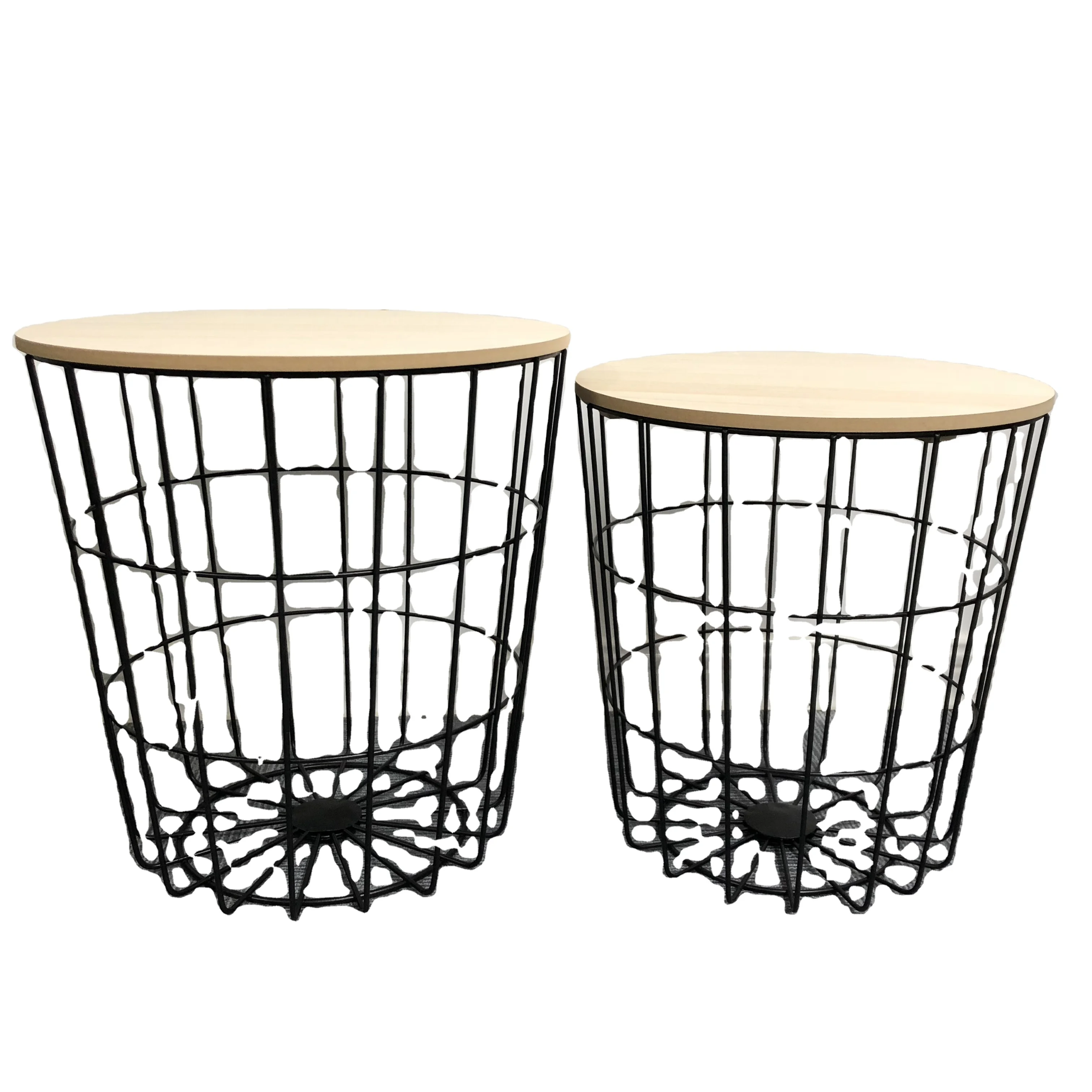 Retro Black Metal Wire Round Wood Top Storage Side Table Basket Home Furniture
