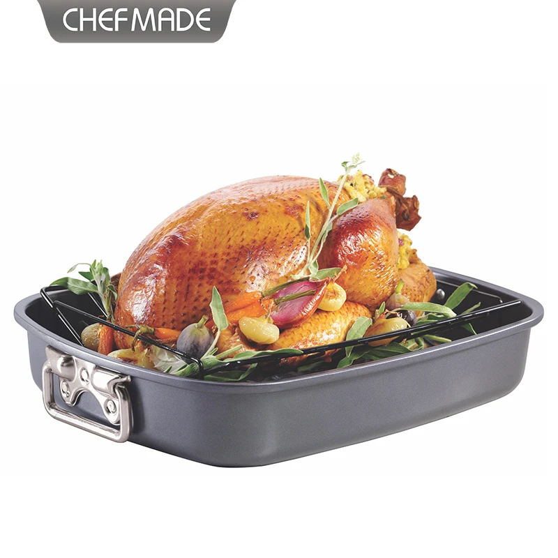 Кухонная овальная сковорода chefmOd 17 дюймов со стойкой для выпечки из углеродистой стали с антипригарным покрытием жарки индейки