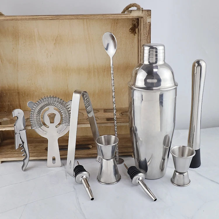 Top Sellers Bartender Kit with Wooden Stand Barware Bartender Kit With Rustic Wood Stand