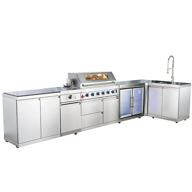 L shaped stainless steel outdoor kitchen set sink refrigerator BBQ grill outdoor kitchen