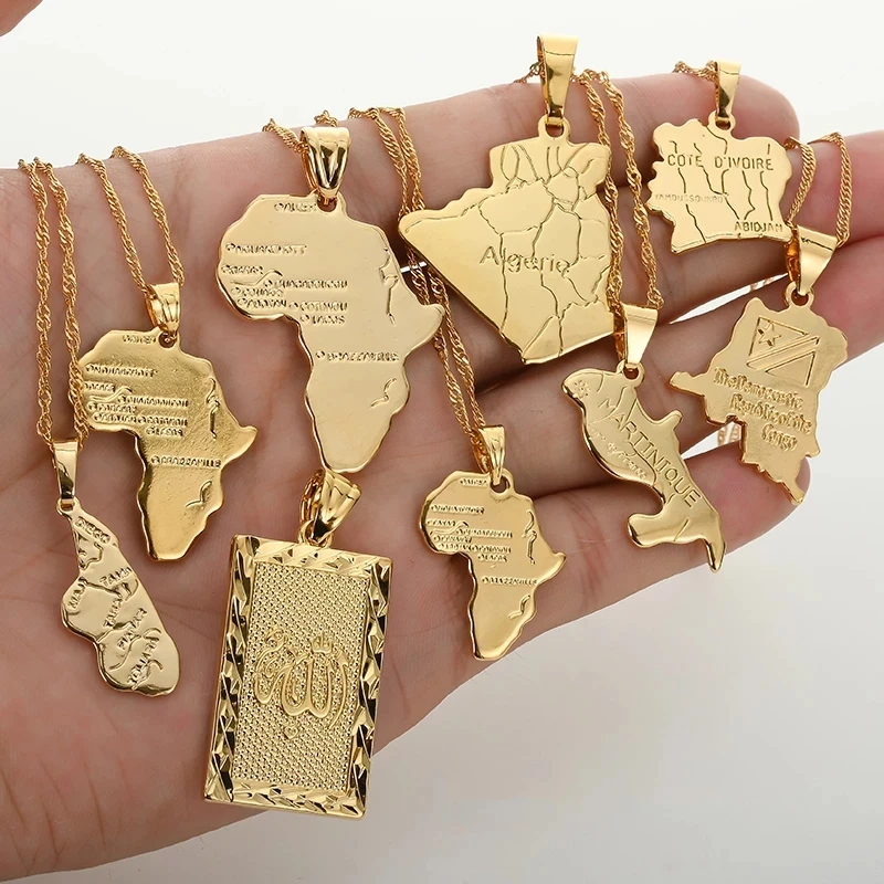 Zooyiny Africa Congo Algeria Map Pendant Necklace For Women Men Gold Color Copper Chain Necklaces Hiphop Style