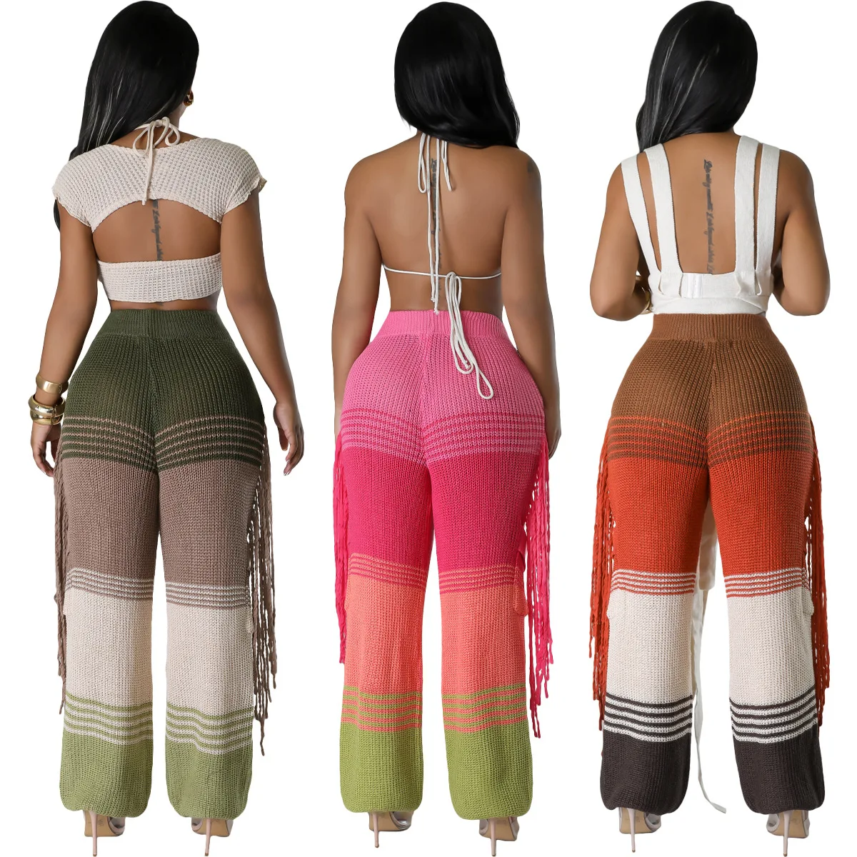 Wholesale fashion casual baggy knitted crochet fringed pants for women
