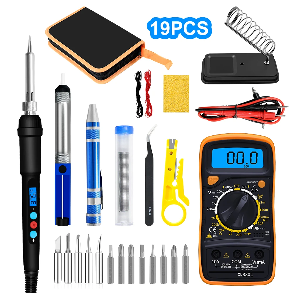 19pcs components in one repairing toolsbox with 60W adjustable temperature soldering iron and smart digital multimeter