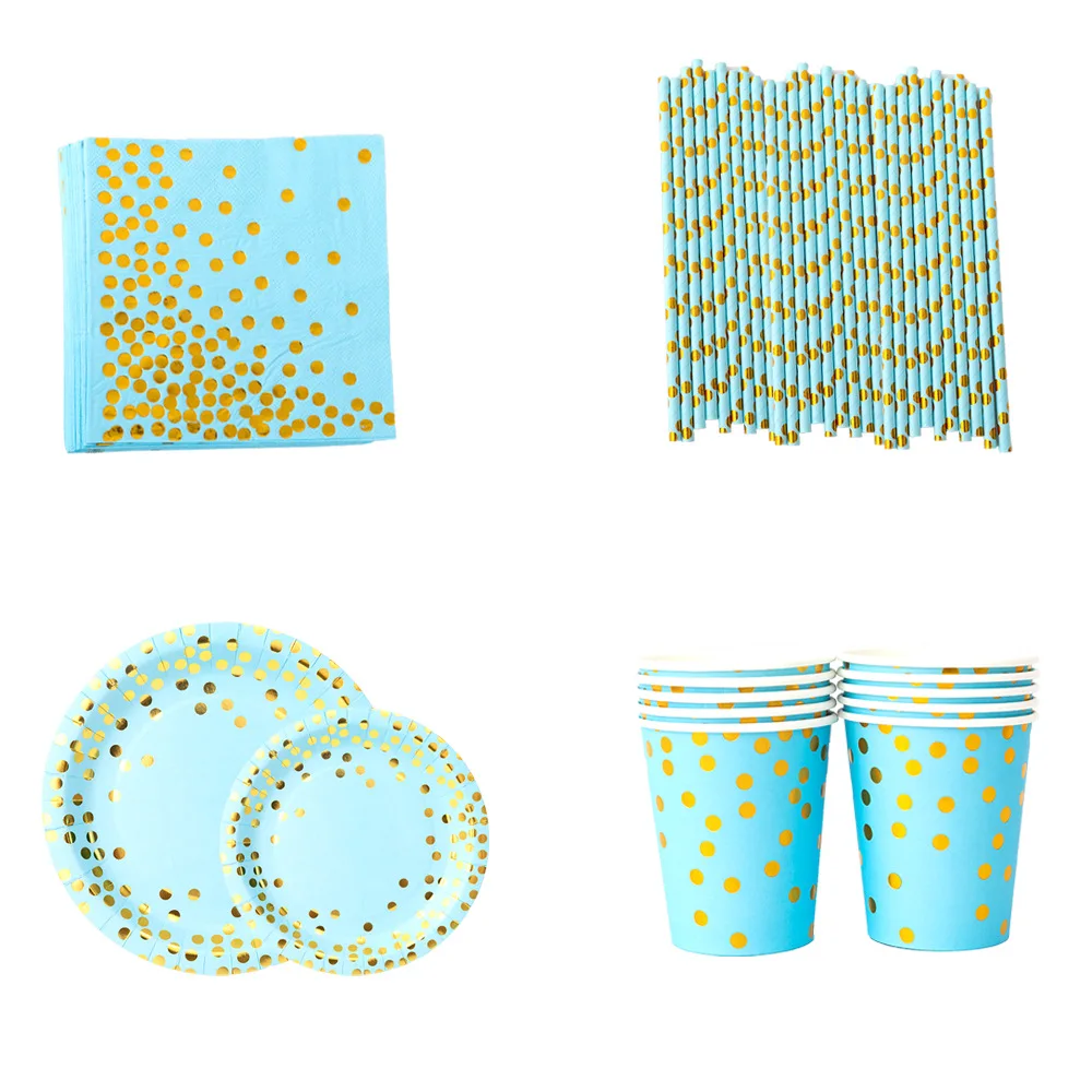 Blue Polka Dot Cutlery Set Disposable Dinner Plates Paper Plates Paper Cups Paper Towels Supplies
