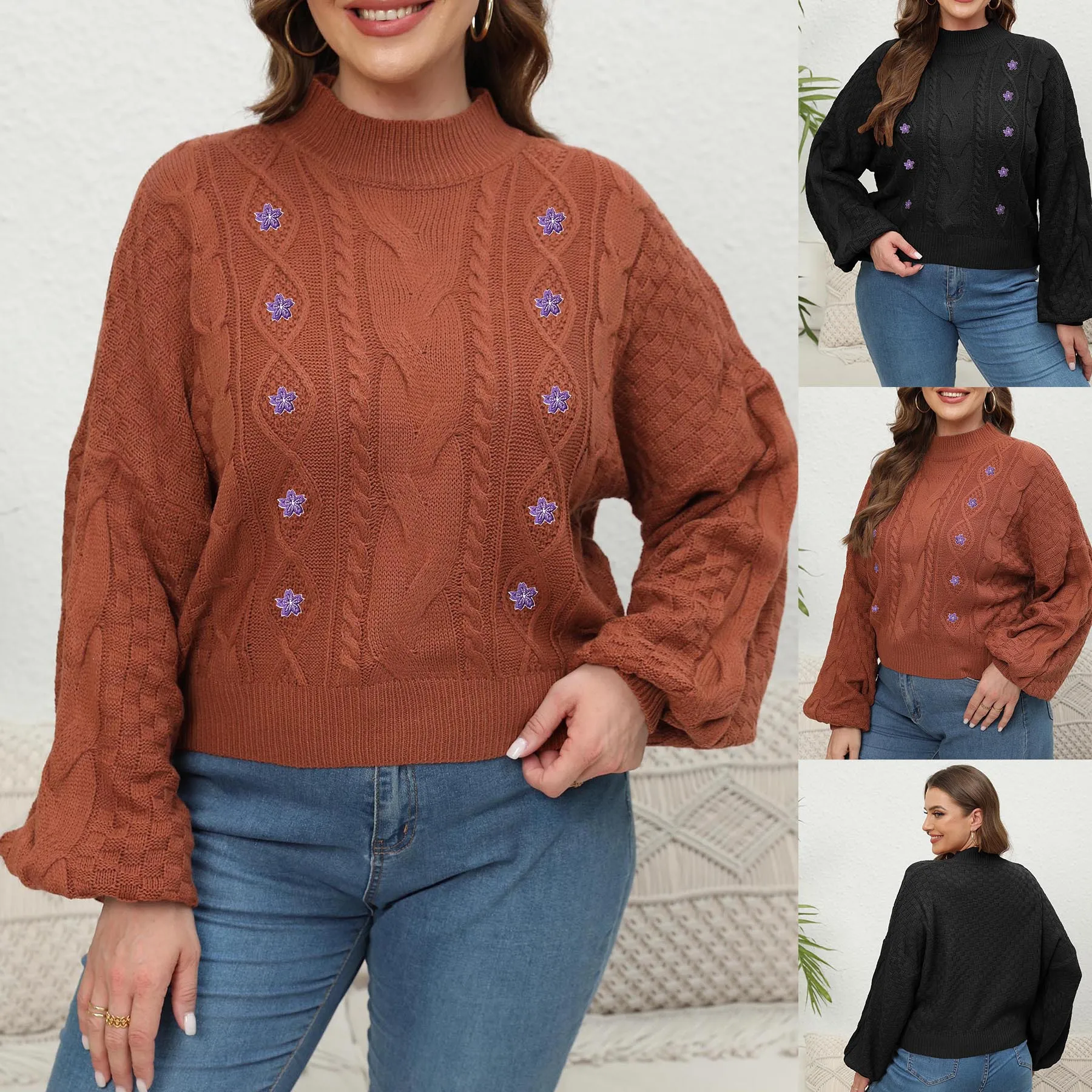 OEM/ODM factory oversized winter cloth casual solid color vintage women pullover flower cable knitwear plus size O neck sweaters