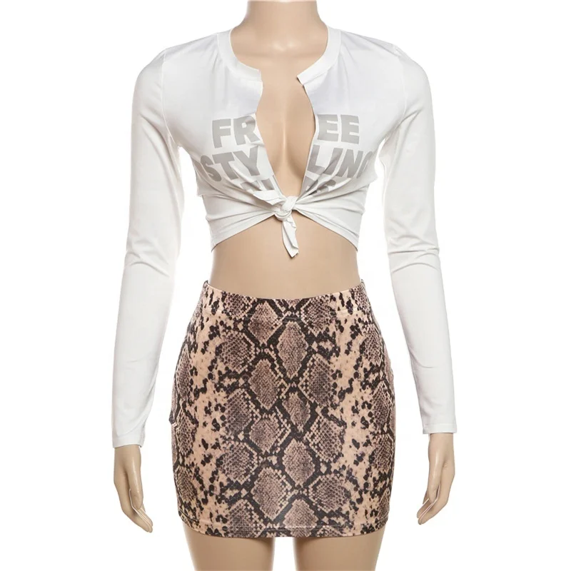 J&H 2024 New Street Letter Printing Sexy Low cut High Waist Leaky Navel Wrapped Hip Snake Pattern Short Skirt Set for Women