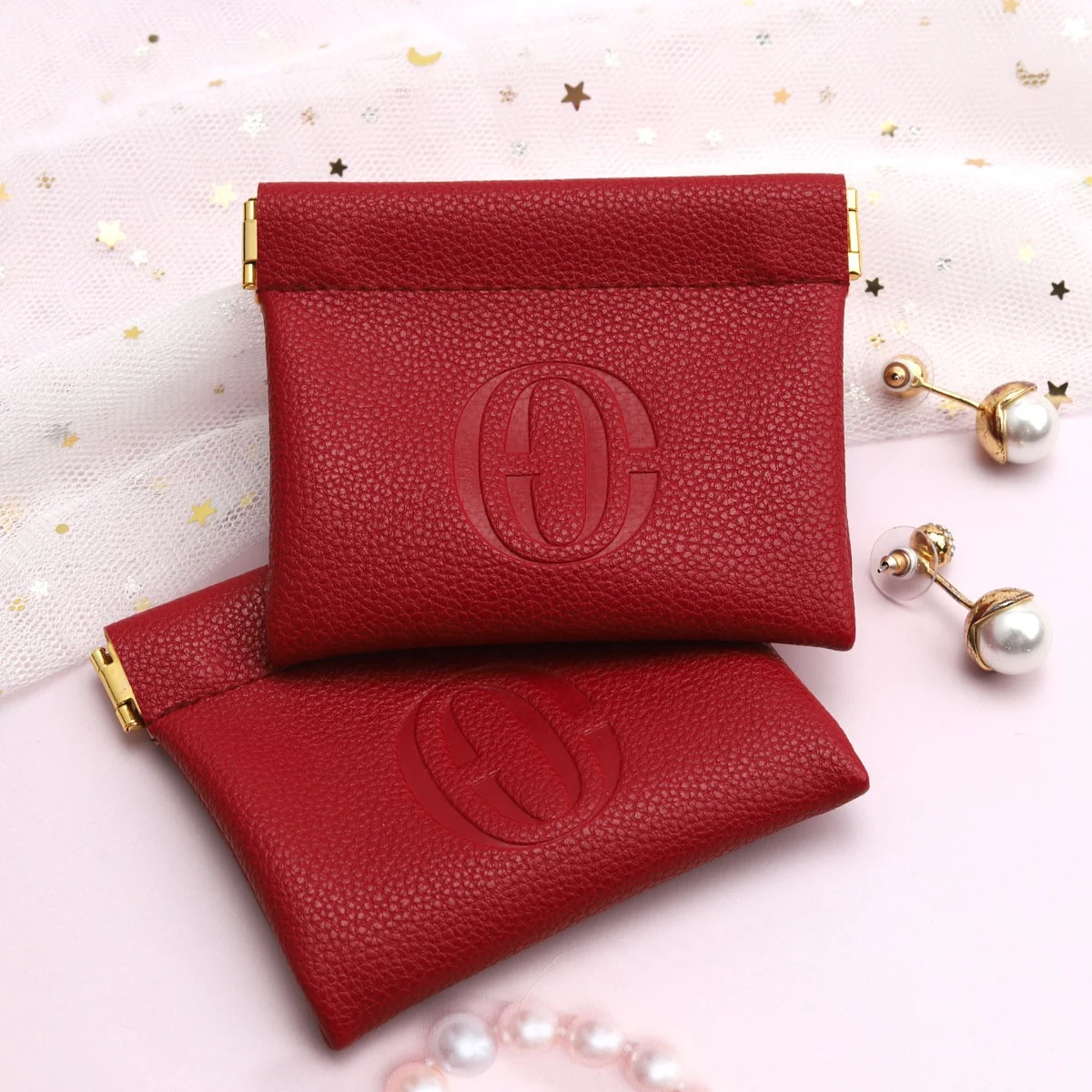 Custom Logo Printing Small Red Pu Leather Pouch For Earphone Coin Emboss Closed Magnet Leather Gift Jewelry Bag